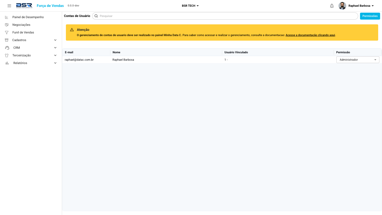 Tela de Contas de Usuário com aviso para gerenciamento no Minha Data C
